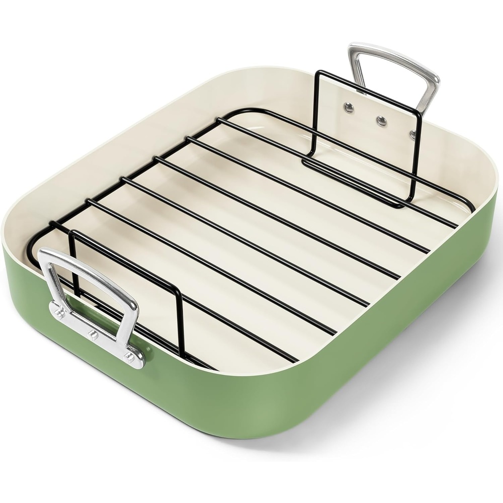 image:imageMICHELANGELO Nonstick Ceramic Roasting Pan with Rack Turkey Roasting Pan with Ceramic Coating Turkey Roaster Pan with Stainless Steel Rack 15 Inch x 13 Inch GreenGreen