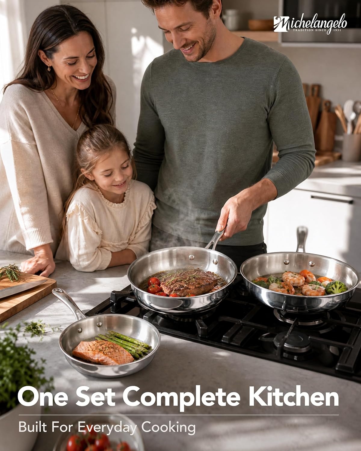 image:imageMICHELANGELO Fully Clad TriPly Stainless Steel Frying Pan Set 89511 1810 Stainless Steel Skillets RivetFree Interior Induction Ready Oven Safe 600F PTFE amp PFOA Free Dishwasher Safe89511Inch