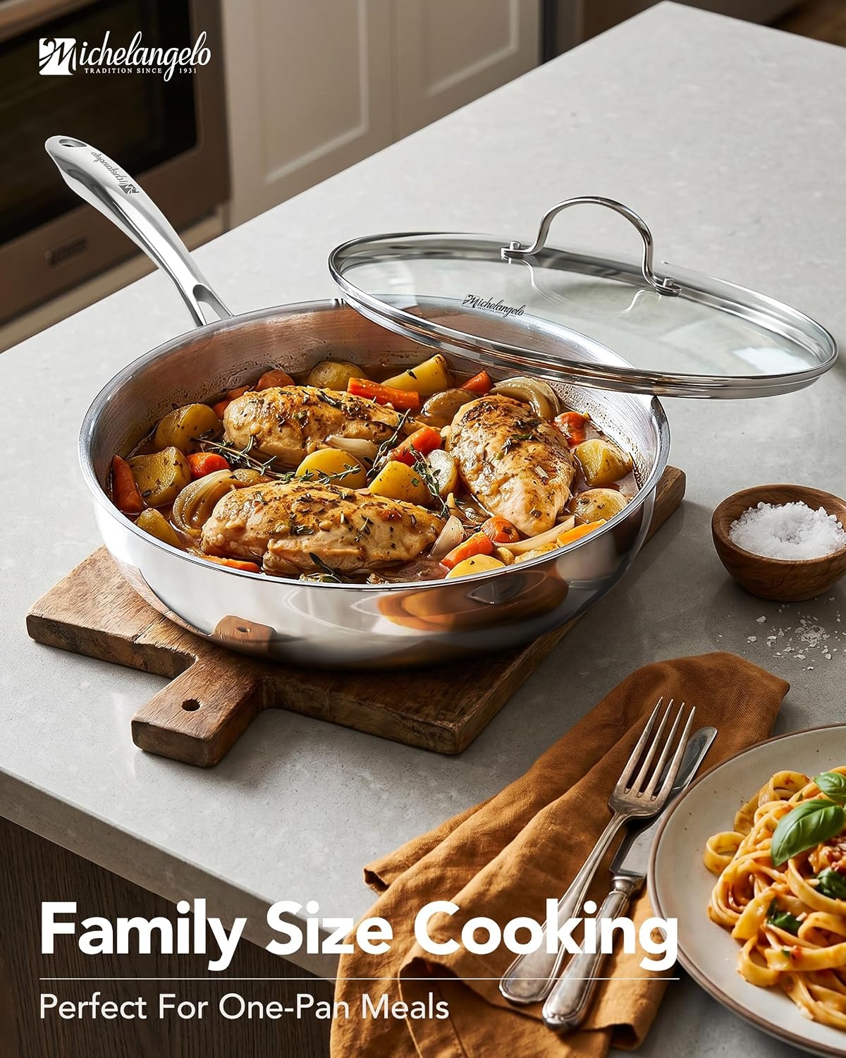 image:imageMICHELANGELO Fully Clad TriPly Stainless Steel Frying Pan Set 89511 1810 Stainless Steel Skillets RivetFree Interior Induction Ready Oven Safe 600F PTFE amp PFOA Free Dishwasher Safe12Inch wLid