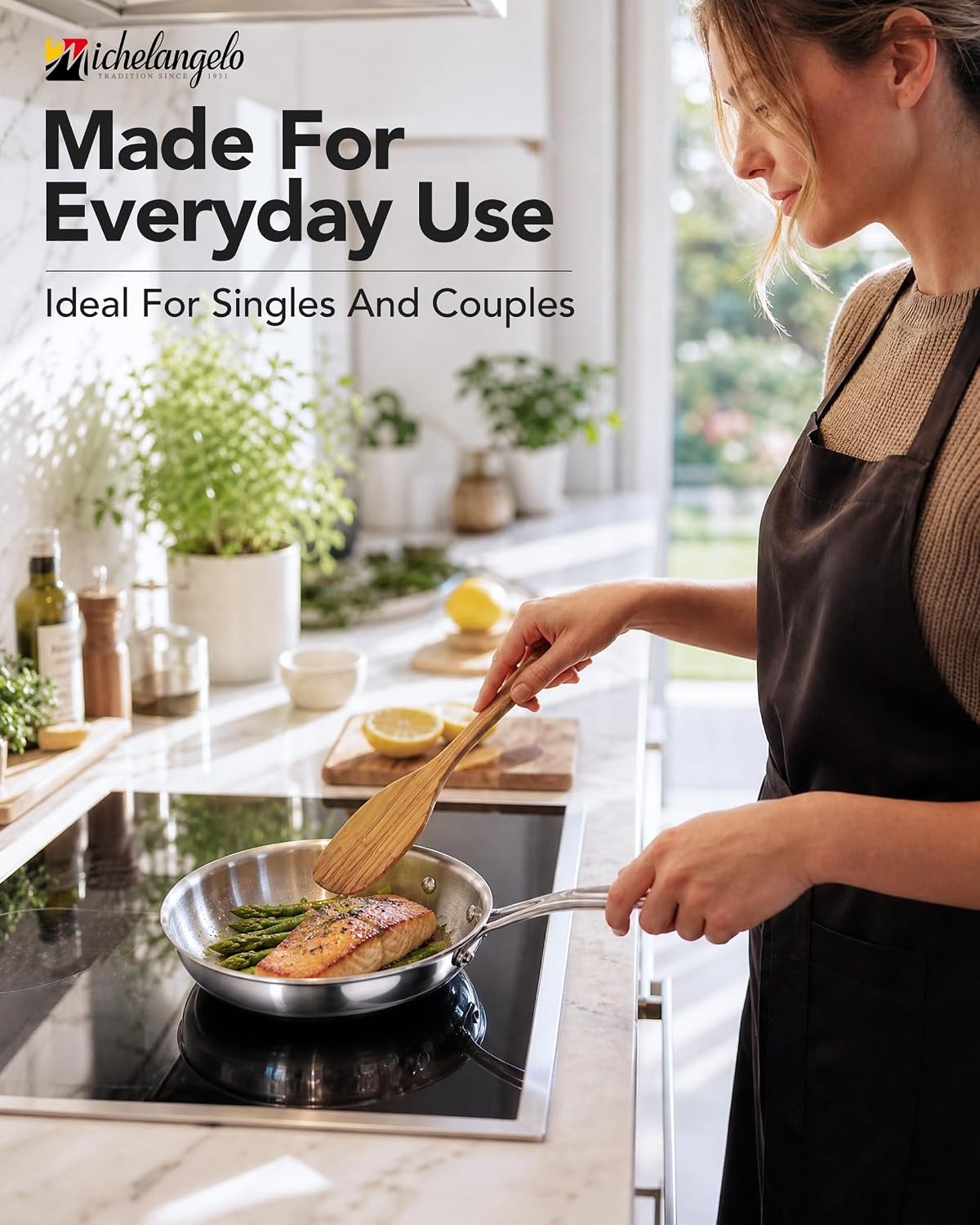 image:imageMICHELANGELO Fully Clad TriPly Stainless Steel Frying Pan Set 89511 1810 Stainless Steel Skillets RivetFree Interior Induction Ready Oven Safe 600F PTFE amp PFOA Free Dishwasher Safe8Inch