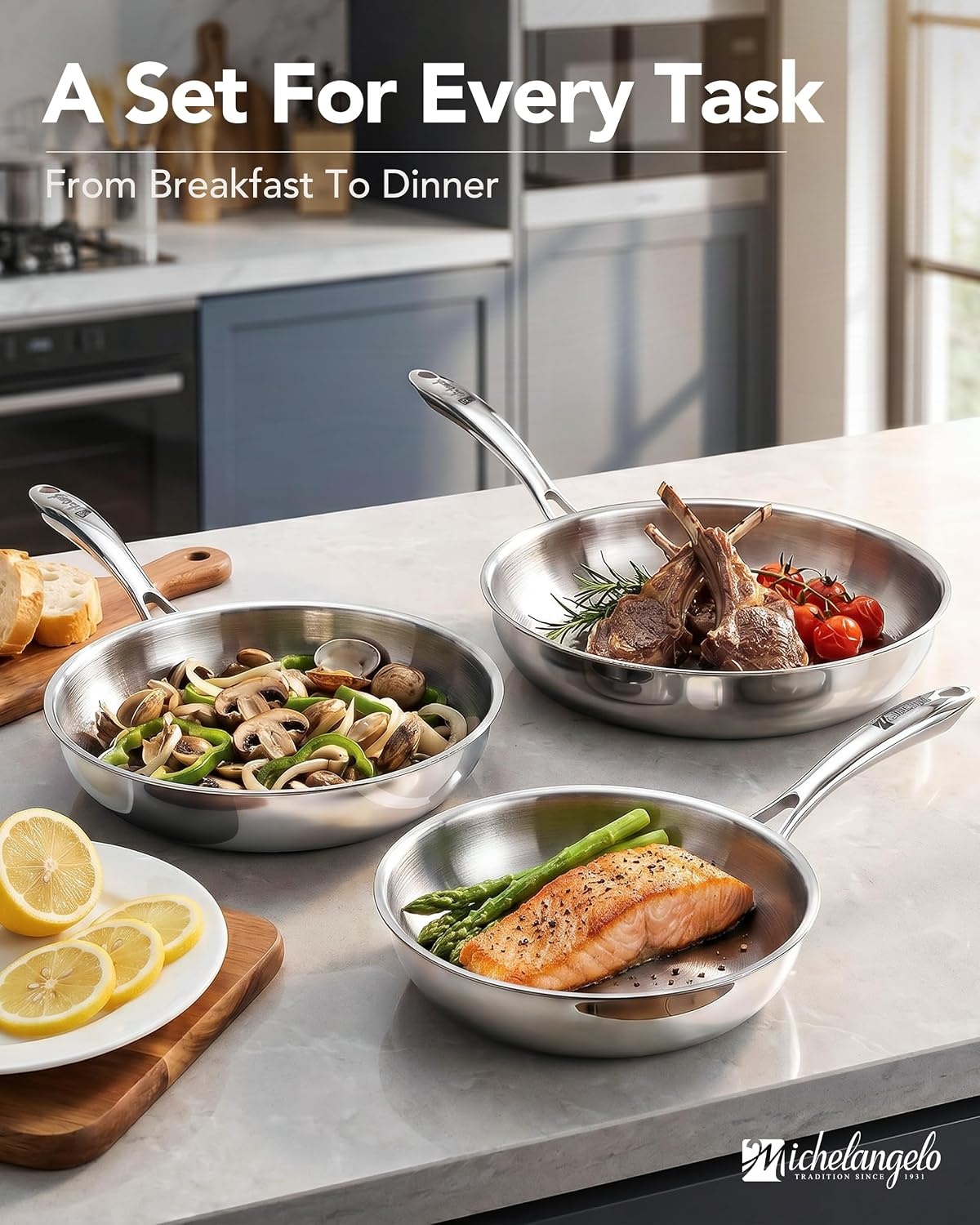 image:imageMICHELANGELO Fully Clad TriPly Stainless Steel Frying Pan Set 89511 1810 Stainless Steel Skillets RivetFree Interior Induction Ready Oven Safe 600F PTFE amp PFOA Free Dishwasher Safe89511Inch