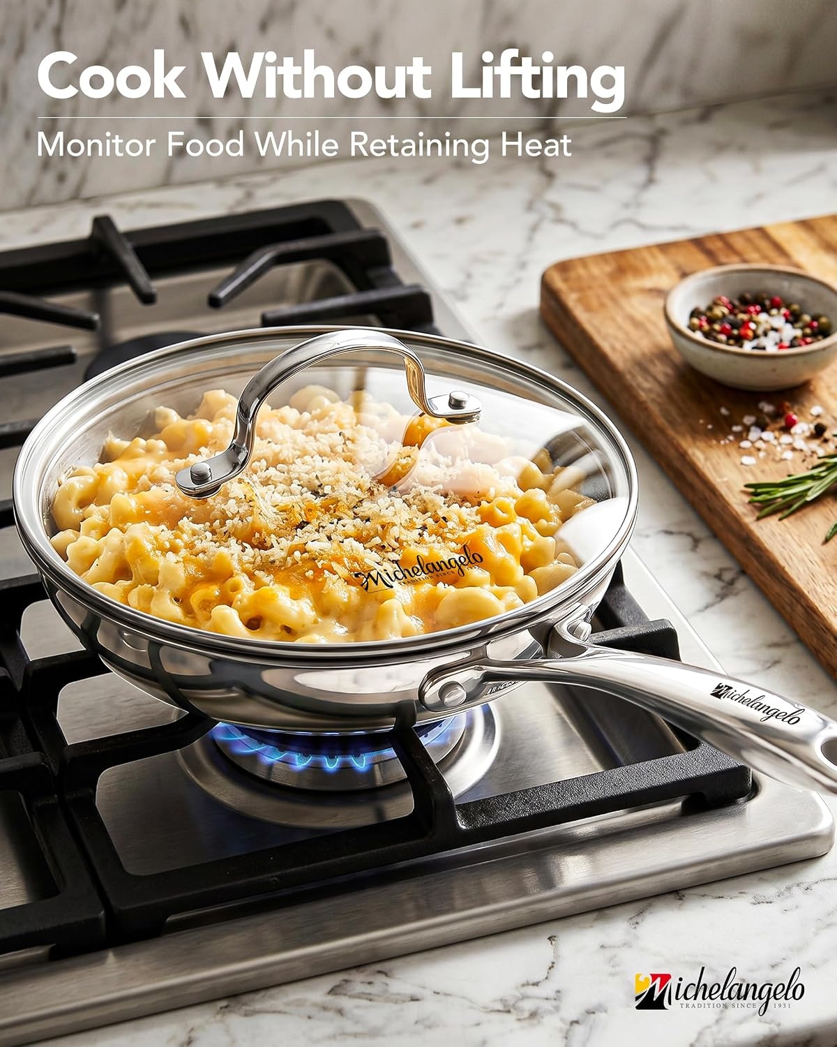 image:imageMICHELANGELO Fully Clad TriPly Stainless Steel Frying Pan Set 89511 1810 Stainless Steel Skillets RivetFree Interior Induction Ready Oven Safe 600F PTFE amp PFOA Free Dishwasher Safe8Inch wLid