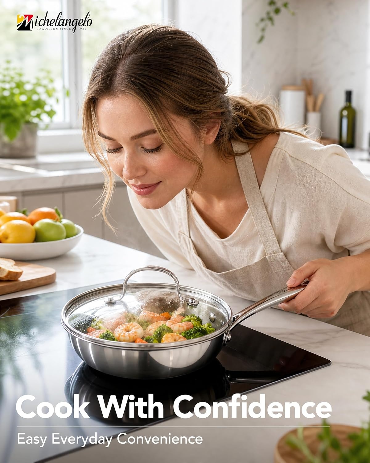image:imageMICHELANGELO Fully Clad TriPly Stainless Steel Frying Pan Set 89511 1810 Stainless Steel Skillets RivetFree Interior Induction Ready Oven Safe 600F PTFE amp PFOA Free Dishwasher Safe8Inch wLid