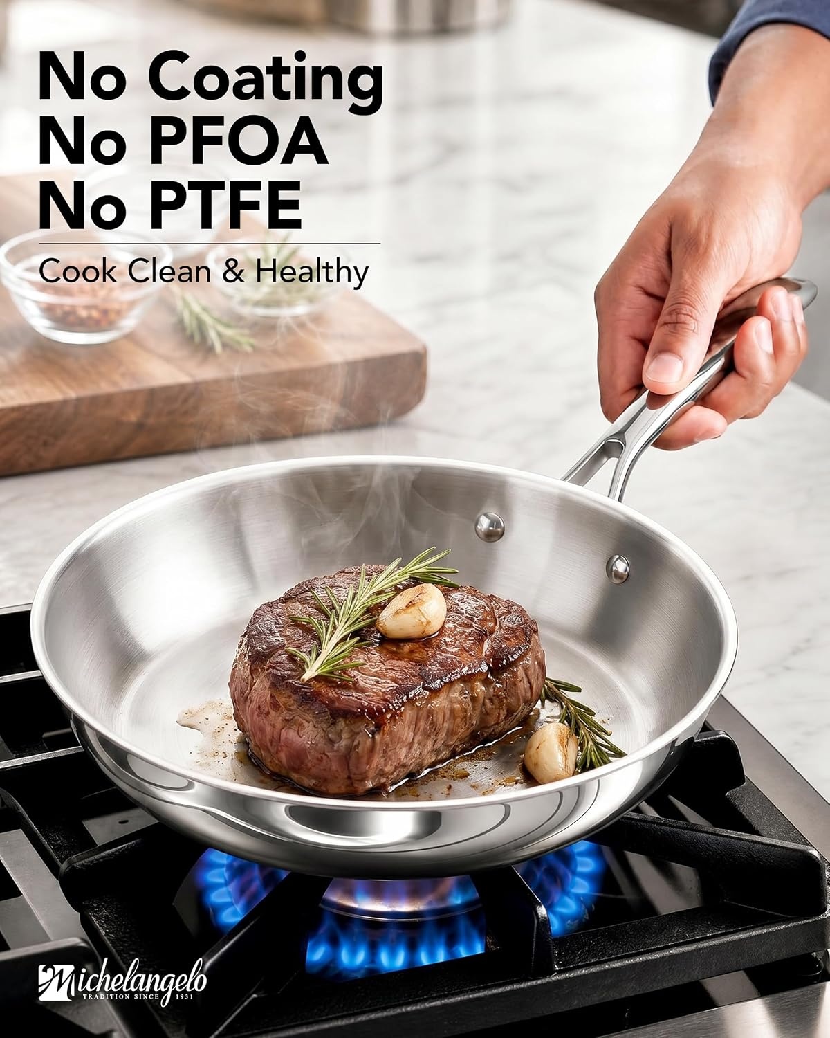 image:imageMICHELANGELO Fully Clad TriPly Stainless Steel Frying Pan Set 89511 1810 Stainless Steel Skillets RivetFree Interior Induction Ready Oven Safe 600F PTFE amp PFOA Free Dishwasher Safe12Inch wLid