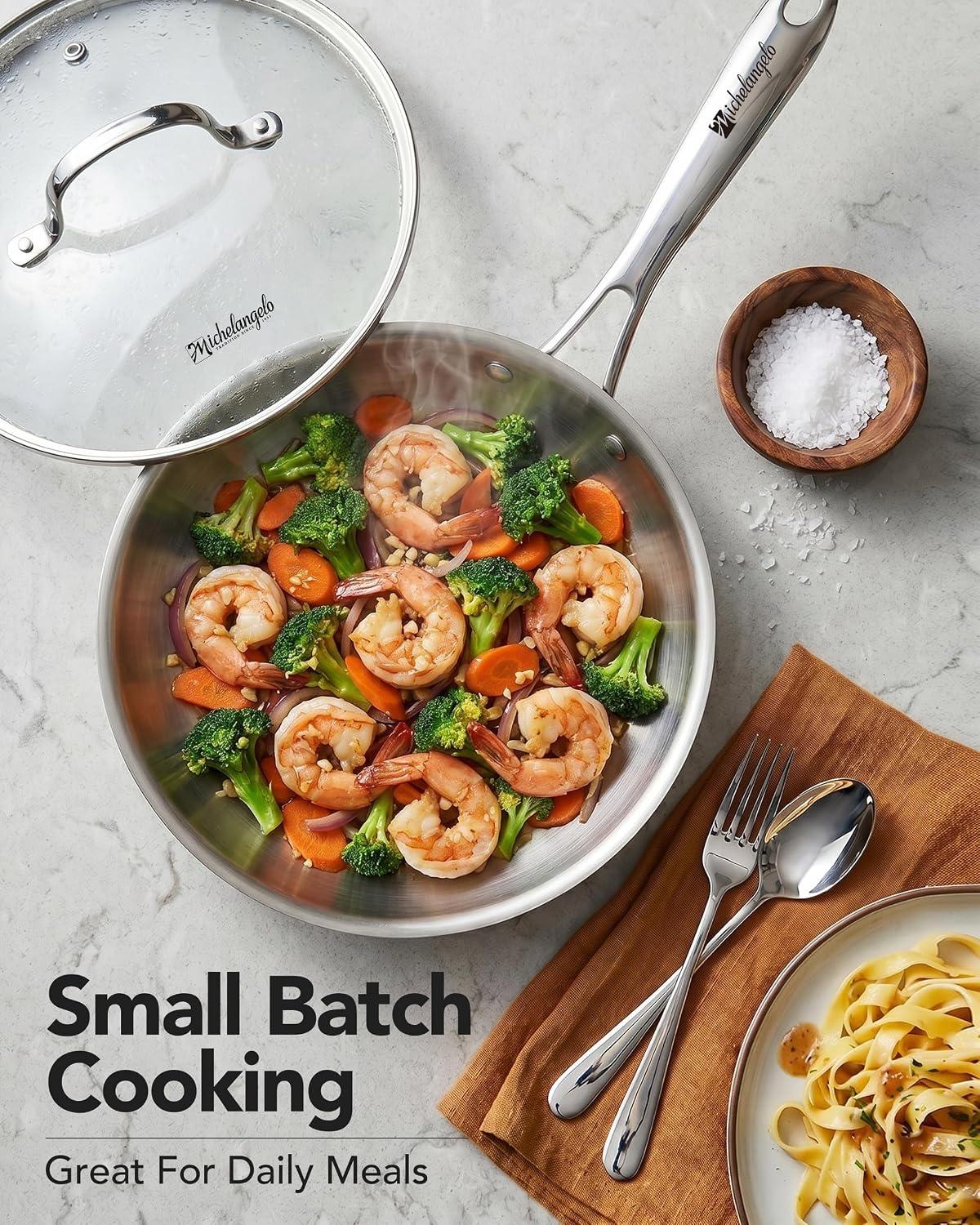 image:imageMICHELANGELO Fully Clad TriPly Stainless Steel Frying Pan Set 89511 1810 Stainless Steel Skillets RivetFree Interior Induction Ready Oven Safe 600F PTFE amp PFOA Free Dishwasher Safe8Inch wLid
