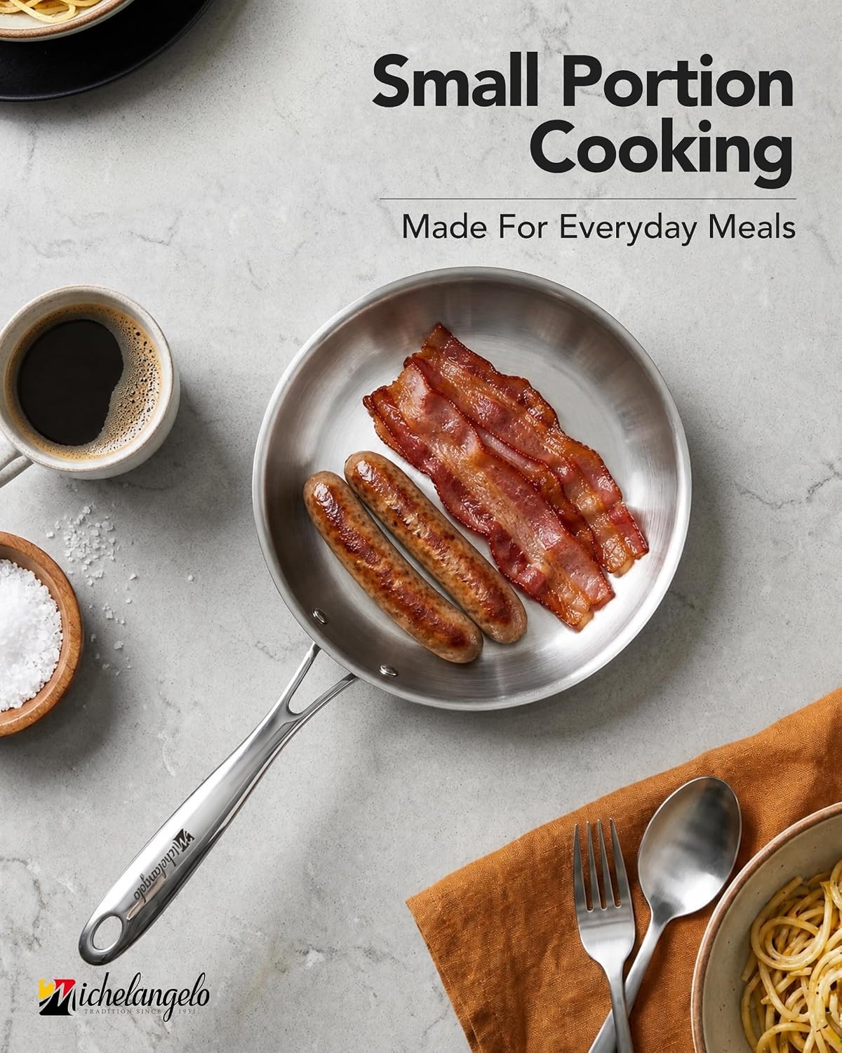 image:imageMICHELANGELO Fully Clad TriPly Stainless Steel Frying Pan Set 89511 1810 Stainless Steel Skillets RivetFree Interior Induction Ready Oven Safe 600F PTFE amp PFOA Free Dishwasher Safe8Inch