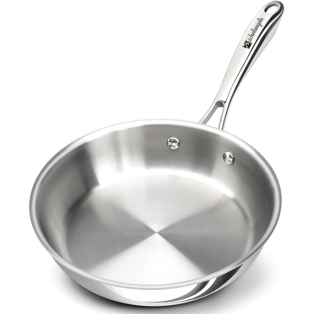 image:imageMICHELANGELO Fully Clad TriPly Stainless Steel Frying Pan Set 89511 1810 Stainless Steel Skillets RivetFree Interior Induction Ready Oven Safe 600F PTFE amp PFOA Free Dishwasher Safe8Inch