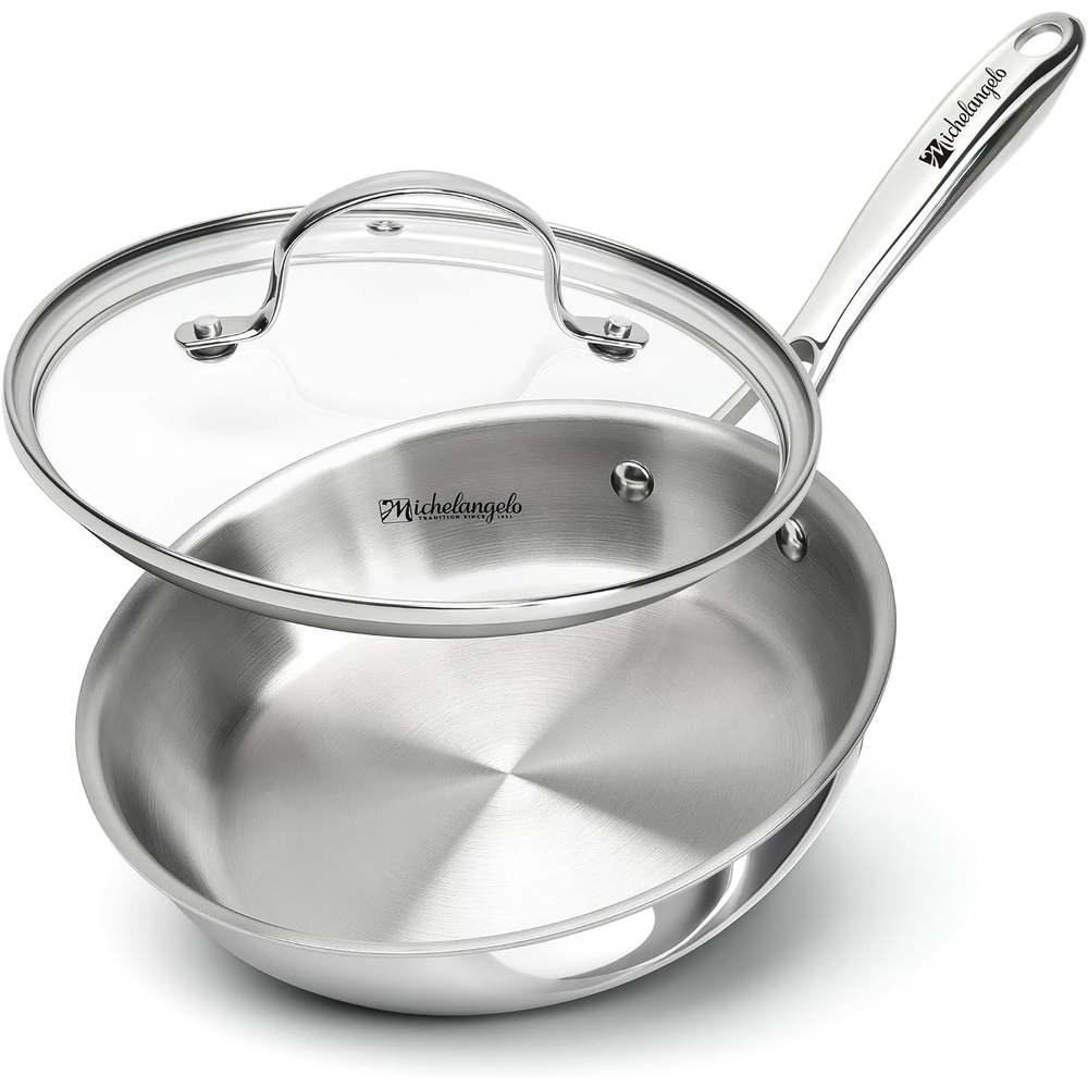 image:imageMICHELANGELO Fully Clad TriPly Stainless Steel Frying Pan Set 89511 1810 Stainless Steel Skillets RivetFree Interior Induction Ready Oven Safe 600F PTFE amp PFOA Free Dishwasher Safe8Inch wLid