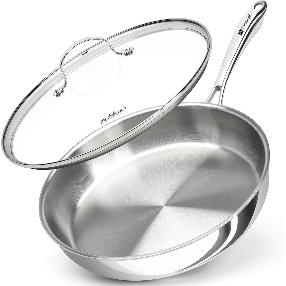 image:imageMICHELANGELO Fully Clad TriPly Stainless Steel Frying Pan Set 89511 1810 Stainless Steel Skillets RivetFree Interior Induction Ready Oven Safe 600F PTFE amp PFOA Free Dishwasher Safe12Inch wLid
