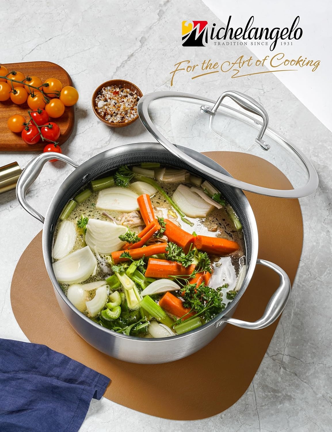 image:imageMICHELANGELO Triply Stainless Steel Stock Pot Heavy Duty Stockpot with Lid Nonstick Cooking Pot with Honeycomb Interior Induction Ready 10 Quart10Quart