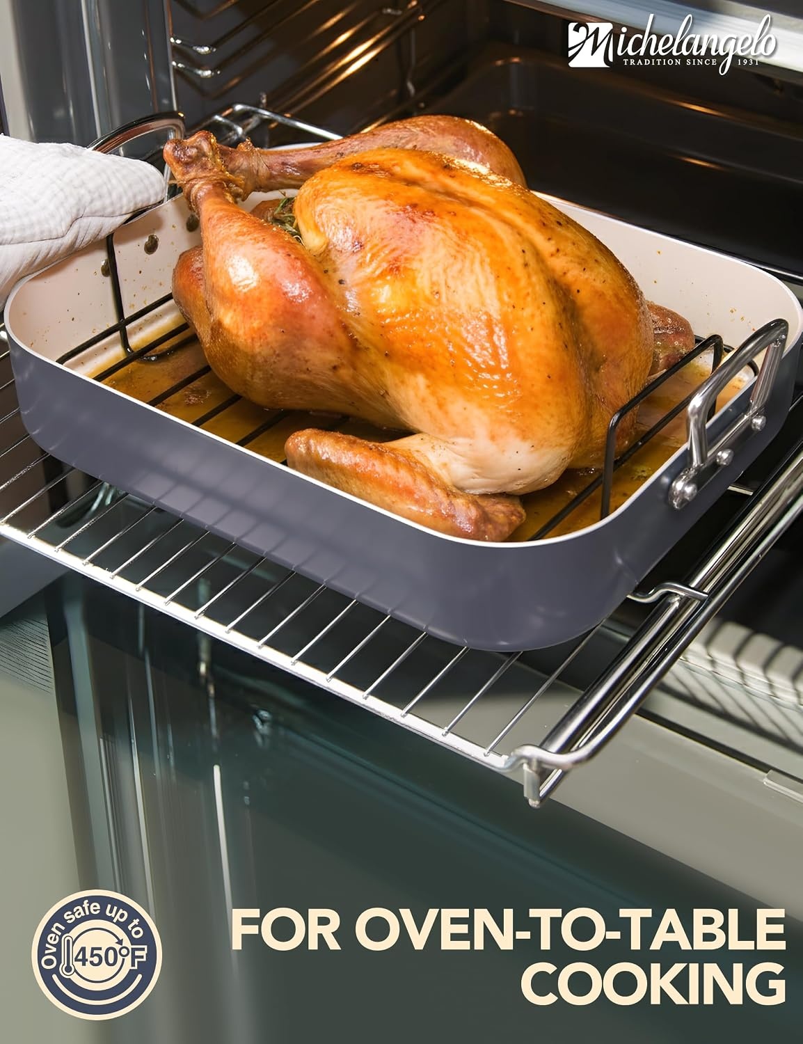 image:imageMICHELANGELO Ceramic Roasting Pan with Rack Turkey Roasting Pan with Nonstick Ceramic Coating Deep Turkey Roaster Pan 15 Inch x 13 Inch Haze BlueHaze Blue