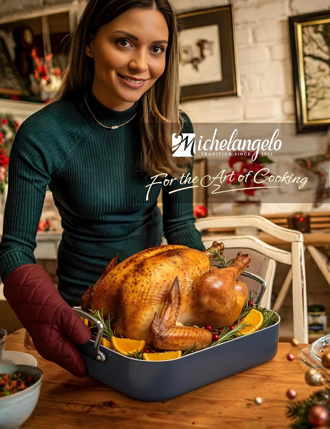 image:imageMICHELANGELO Ceramic Roasting Pan with Rack Turkey Roasting Pan with Nonstick Ceramic Coating Deep Turkey Roaster Pan 15 Inch x 13 Inch Haze BlueHaze Blue