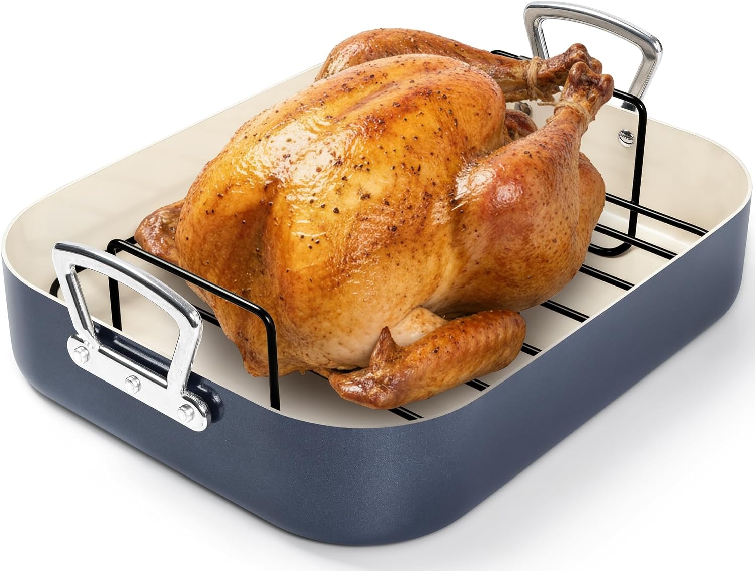 image:imageMICHELANGELO Ceramic Roasting Pan with Rack Turkey Roasting Pan with Nonstick Ceramic Coating Deep Turkey Roaster Pan 15 Inch x 13 Inch Haze BlueHaze Blue