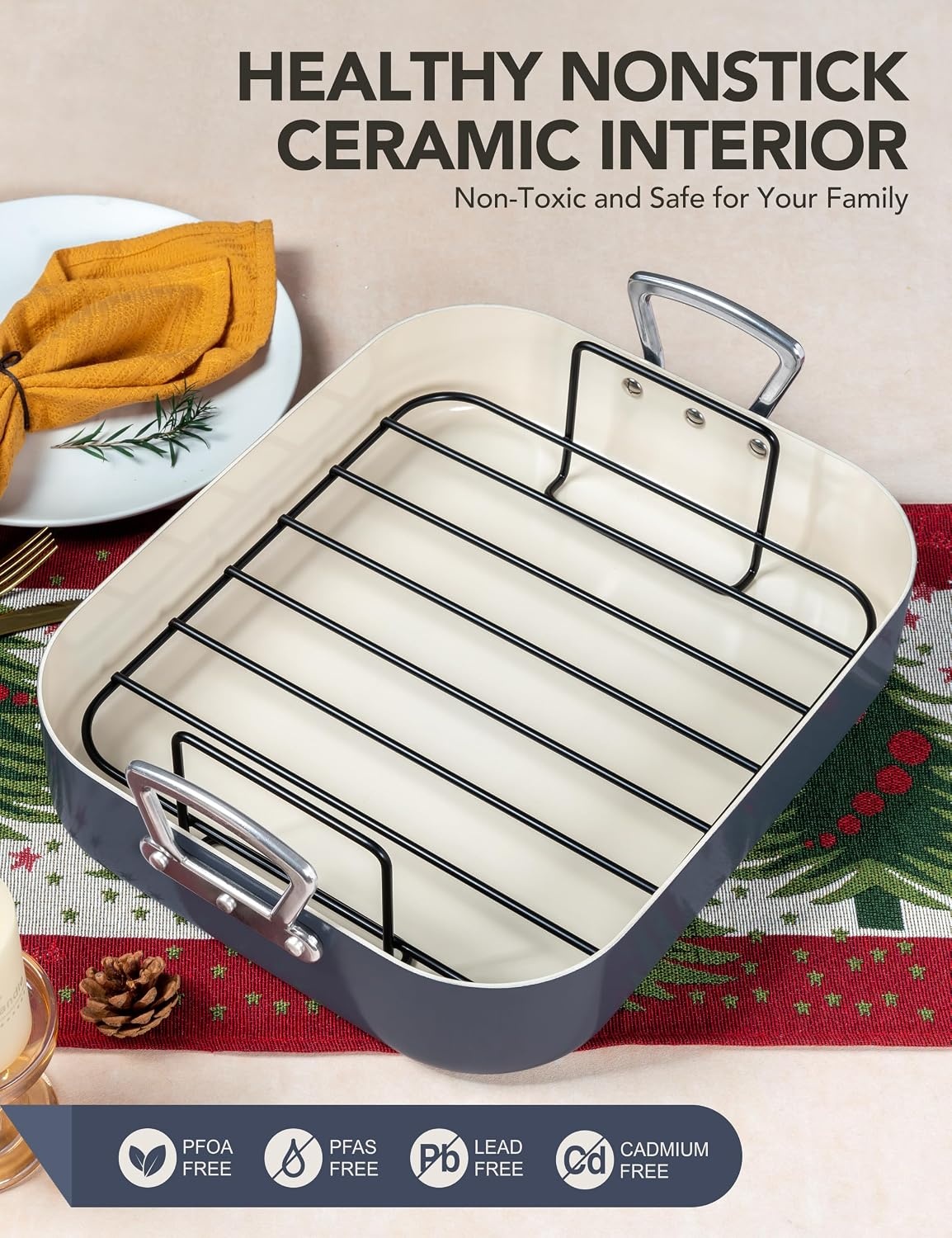 image:imageMICHELANGELO Ceramic Roasting Pan with Rack Turkey Roasting Pan with Nonstick Ceramic Coating Deep Turkey Roaster Pan 15 Inch x 13 Inch Haze BlueHaze Blue