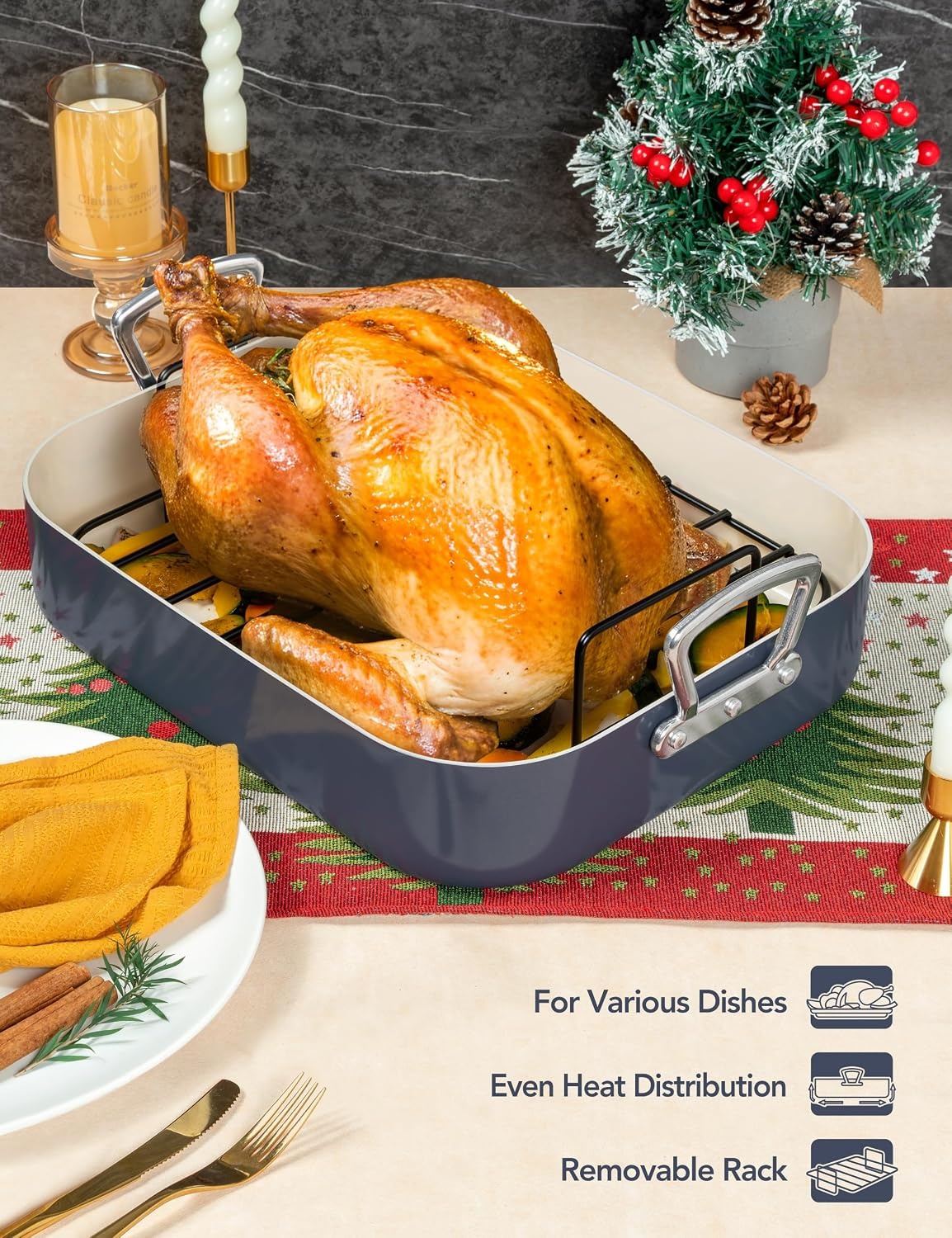 image:imageMICHELANGELO Ceramic Roasting Pan with Rack Turkey Roasting Pan with Nonstick Ceramic Coating Deep Turkey Roaster Pan 15 Inch x 13 Inch Haze BlueHaze Blue