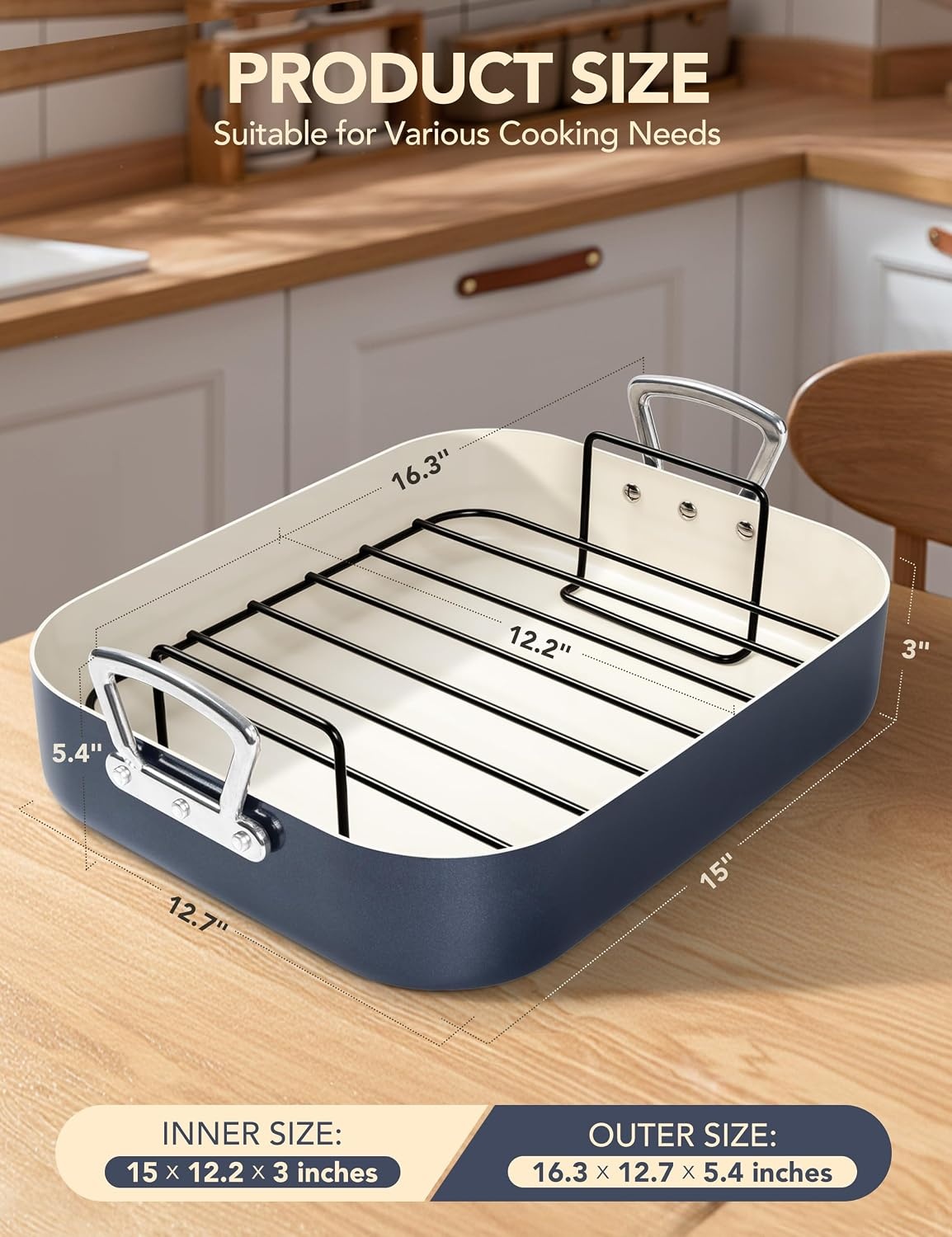 image:imageMICHELANGELO Ceramic Roasting Pan with Rack Turkey Roasting Pan with Nonstick Ceramic Coating Deep Turkey Roaster Pan 15 Inch x 13 Inch Haze BlueHaze Blue