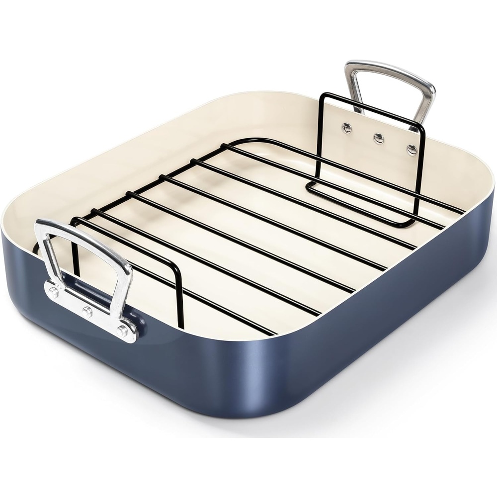 image:imageMICHELANGELO Ceramic Roasting Pan with Rack Turkey Roasting Pan with Nonstick Ceramic Coating Deep Turkey Roaster Pan 15 Inch x 13 Inch Haze BlueHaze Blue